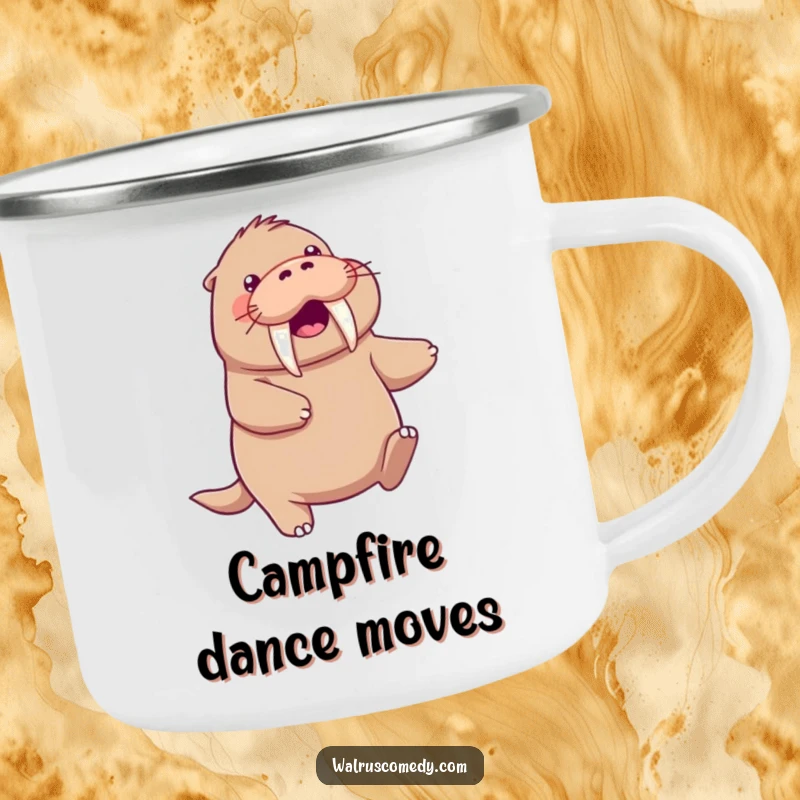 Funny kawaii walrus character doing a playful dance, tusks swinging, depicted on a sturdy camping mug.