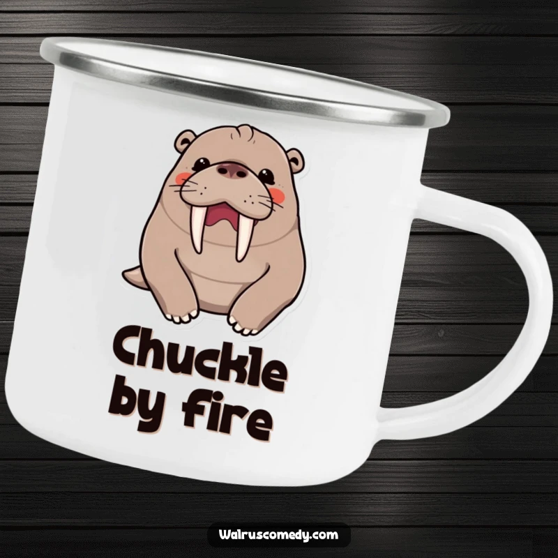 Funny kawaii walrus character in a hearty chuckle, prominent tusks visible, depicted on a sturdy camping mug.