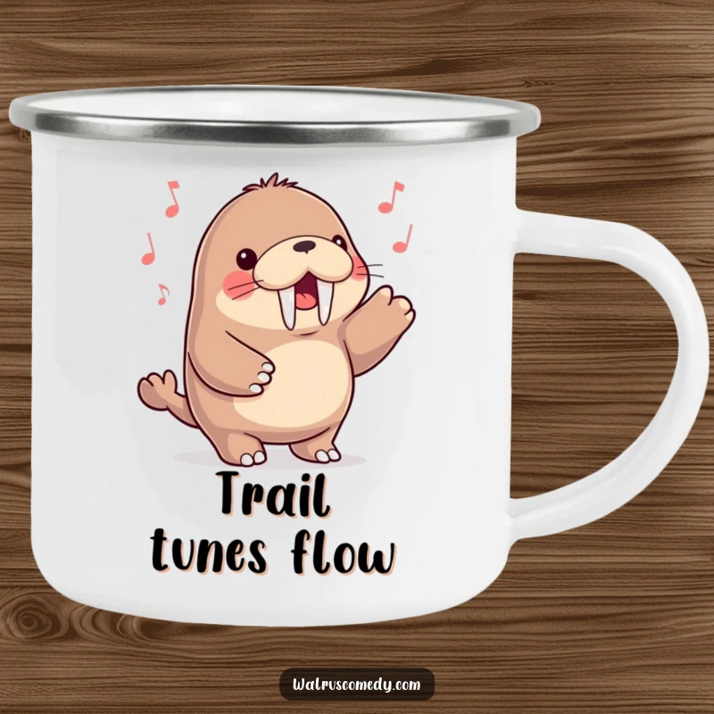 Funny kawaii walrus character happily tapping its flippers to a beat, depicted on a sturdy camping mug, perfect for the outdoors.