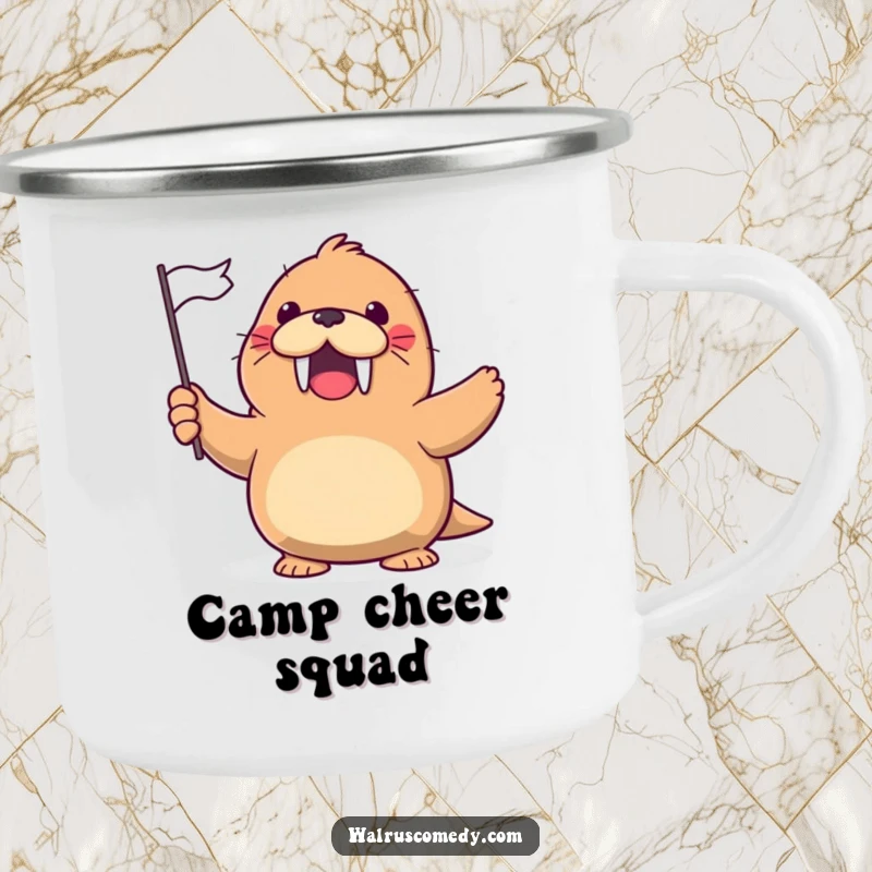 Funny Camping Mug with a kawaii walrus gleefully waving a tiny flag with a cheerful, excited expression.