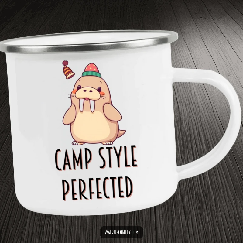 Funny Camping Mug with a kawaii walrus playfully balancing a whimsical hat on its tusk, smiling brightly outdoors.