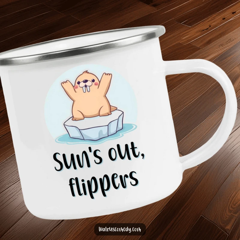 Funny kawaii walrus sunbathing on a tiny iceberg, arms raised, ready for campfire stories on this durable and humorous camping mug.