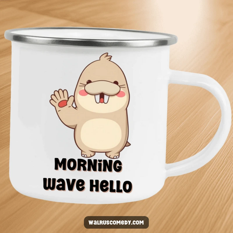 Funny enamel camping mug with a kawaii walrus waving enthusiastically with a big smile, ready for outdoor cheer.