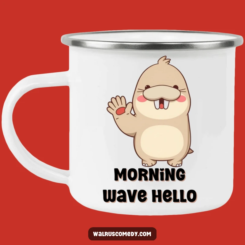 Funny Kawaii Walrus Waving Enamel Camping Mug: Adventures and Greetings!
