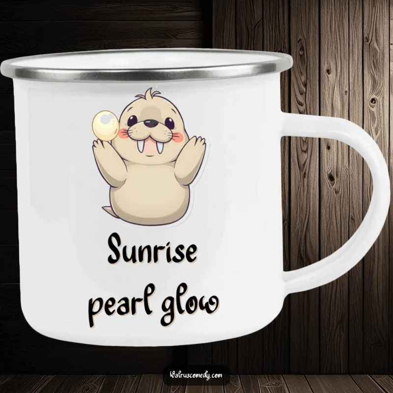 Funny camping mug with a smiling walrus holding a shimmering pearl, designed for outdoor enthusiasts who appreciate humor and a touch of shine.