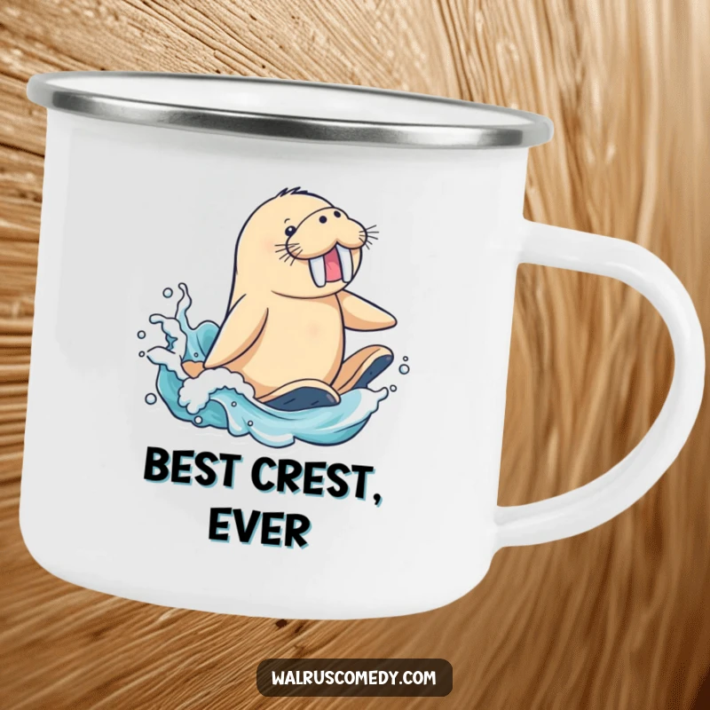 Funny Camping Mug: A joyful walrus character surfs a wave, flippers splashing, ideal for outdoor enthusiasts.