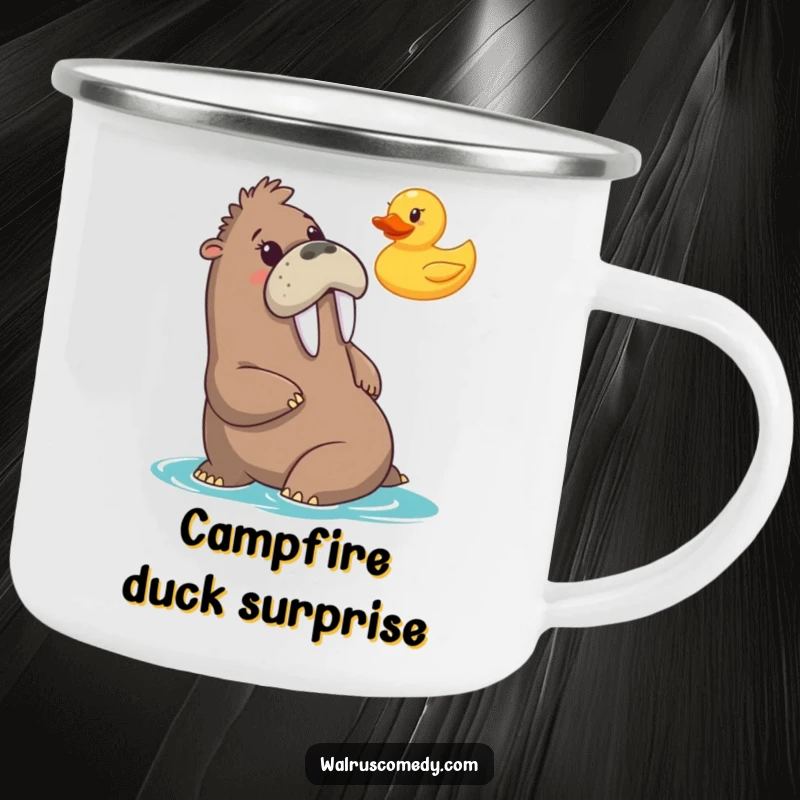 Funny camping mug showing a walrus comically startled by a rubber duck, ready for your next outdoor escapade.