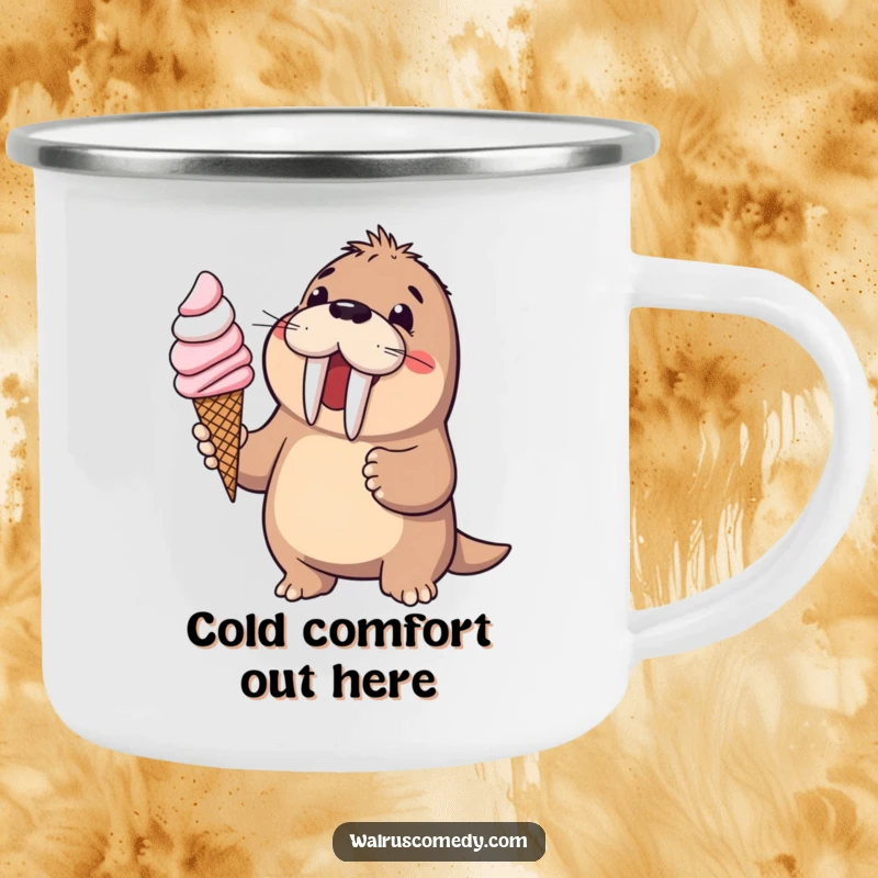 Funny walrus offering ice cream on a rugged camping mug, ideal for travel and sweet humor, a superb funny gift.
