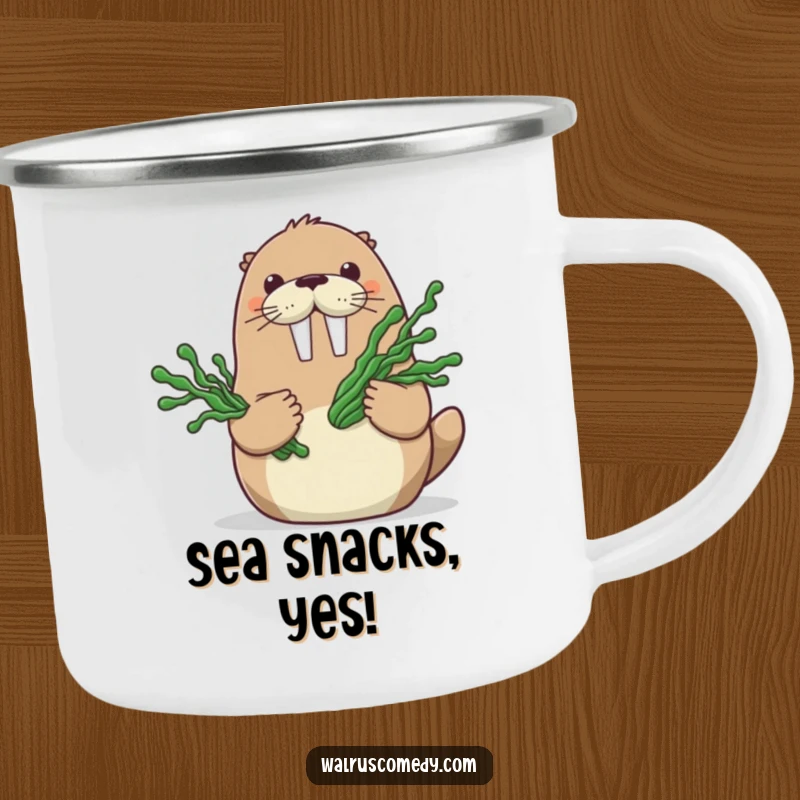 Funny camping mug with a happy walrus character holding a bouquet of seaweed, designed for outdoor enthusiasts who love oceanic themes.