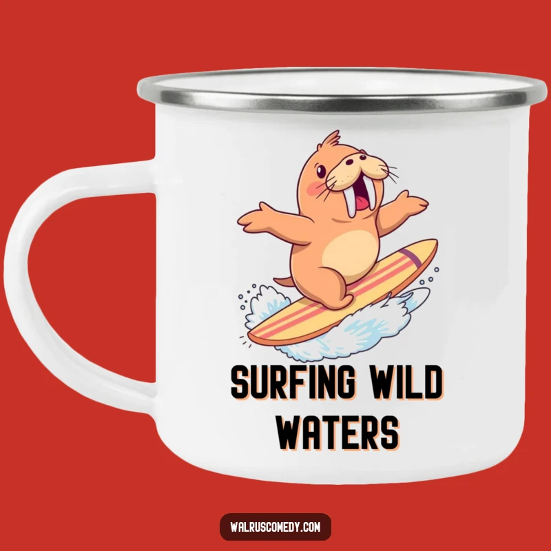 Funny Walrus Surfing Camping Mug: Excited Rider with Splash - Outdoor Funny Gift