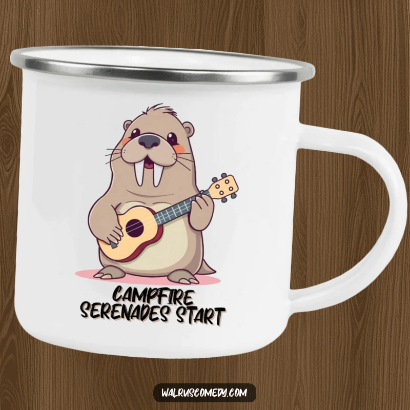 Funny walrus playing ukulele outdoors, a durable enamel mug for camping, featuring a cheerful musical sea creature, great for adventures.