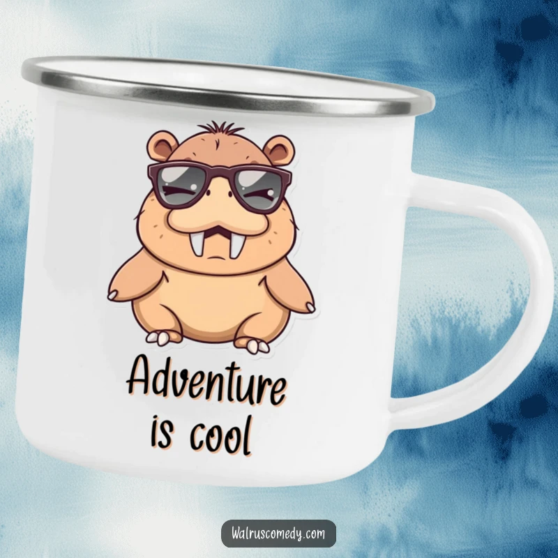 Funny winking walrus character wearing large sunglasses, featured on a durable camping mug for humorous outdoor enjoyment