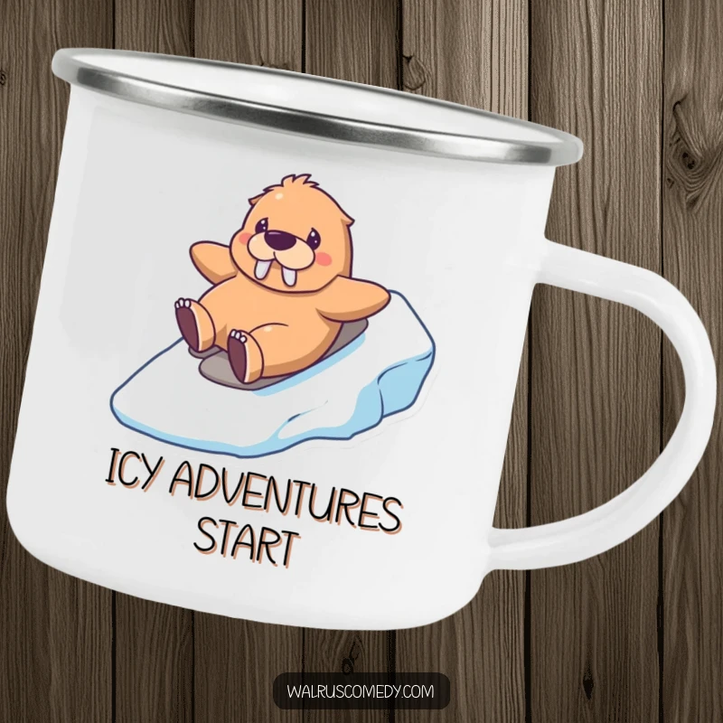 Funny kawaii walrus camping mug with a happy walrus sliding down an icy hill, perfect for outdoor enthusiasts who love winter.