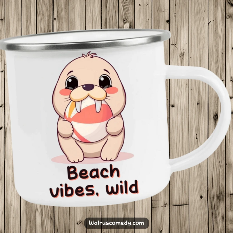 Funny camping mug showing a kawaii walrus with big eyes balancing a beach ball, ideal for outdoor lovers who appreciate adorable designs.