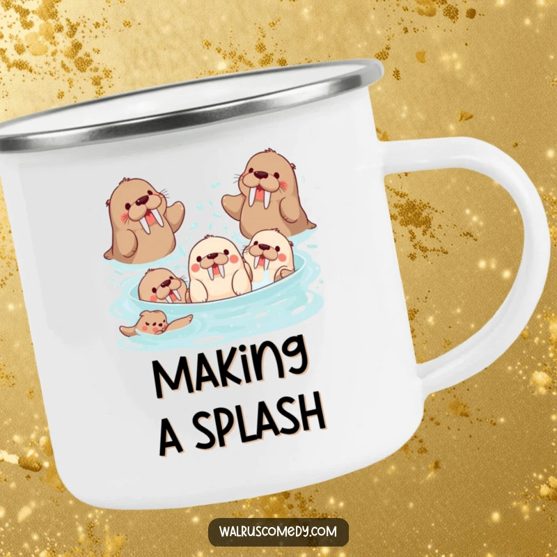 Funny group of playful walrus characters splashing water, durable for adventures and a funny gift.