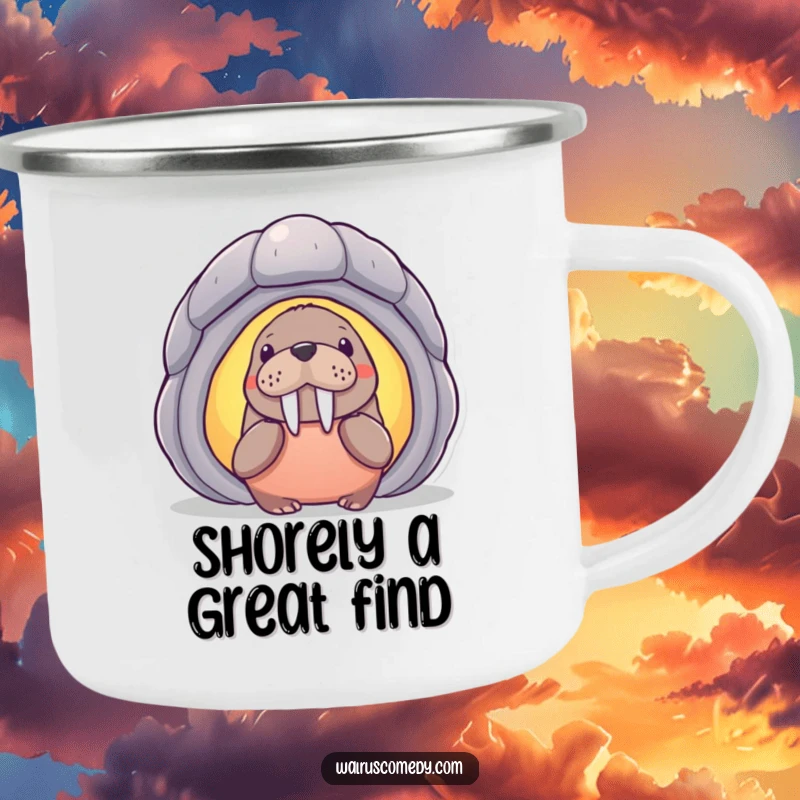 Funny curious walrus character peering into a radiant seashell, featured on a durable camping mug for humorous outdoor enjoyment