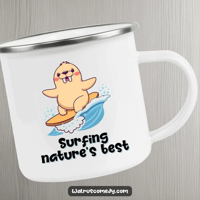 Funny Camping Mug with a Kawaii walrus happily surfing a wave with determined joy, celebrating adventure and fun.