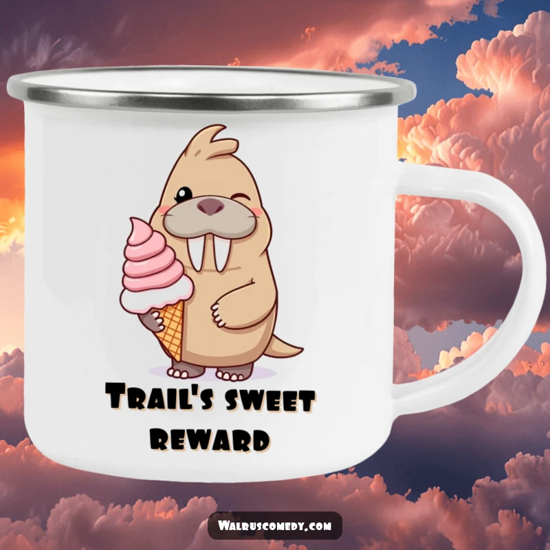 Funny camping mug with a winking walrus character smiling and offering a giant ice cream cone, perfect for sweet outdoor moments.