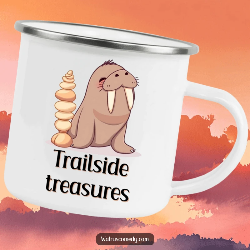 Funny camping mug with a giggling walrus character balancing a stack of seashells on its tusks, perfect for outdoor enjoyment.