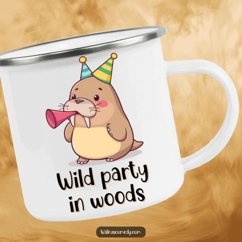 Funny cute walrus wearing a party hat and blowing a party horn on a rugged camping mug, a festive funny gift.
