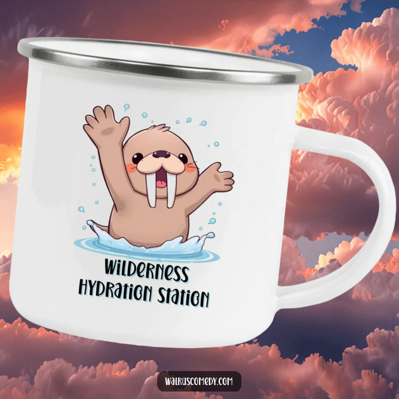Funny Camping Mug featuring a kawaii walrus enthusiastically splashing water with its flippers, showering happy droplets in the wild.