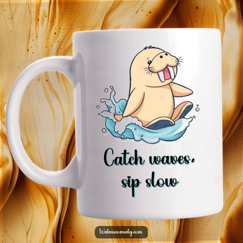 Funny Mug featuring a gleeful walrus character expertly riding a big ocean wave, flippers splashing joyfully, perfect for surf lovers.