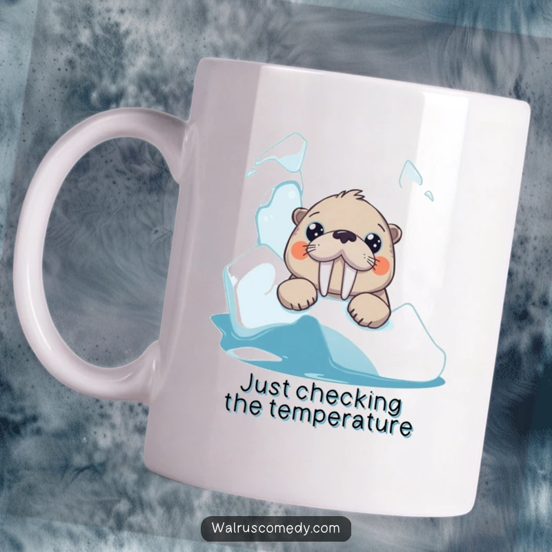 Funny walrus mug with big curious eyes peeking over an iceberg, showcasing a delightful and humorous animal encounter.
