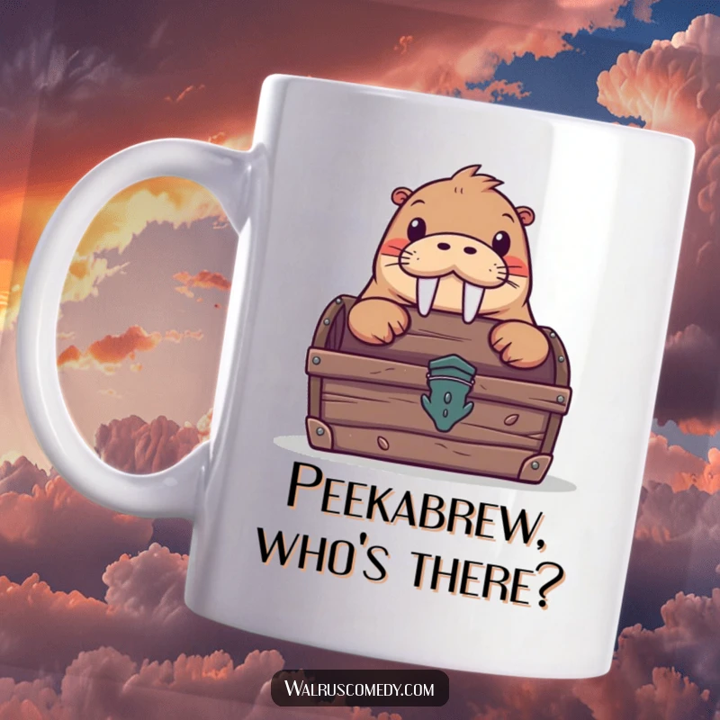 Funny mug featuring a cute walrus curiously peeking from behind a overflowing treasure chest, hinting at hidden fun.
