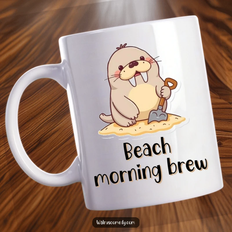 Funny Mug: An excited walrus character digs enthusiastically in the sand with a tiny shovel.