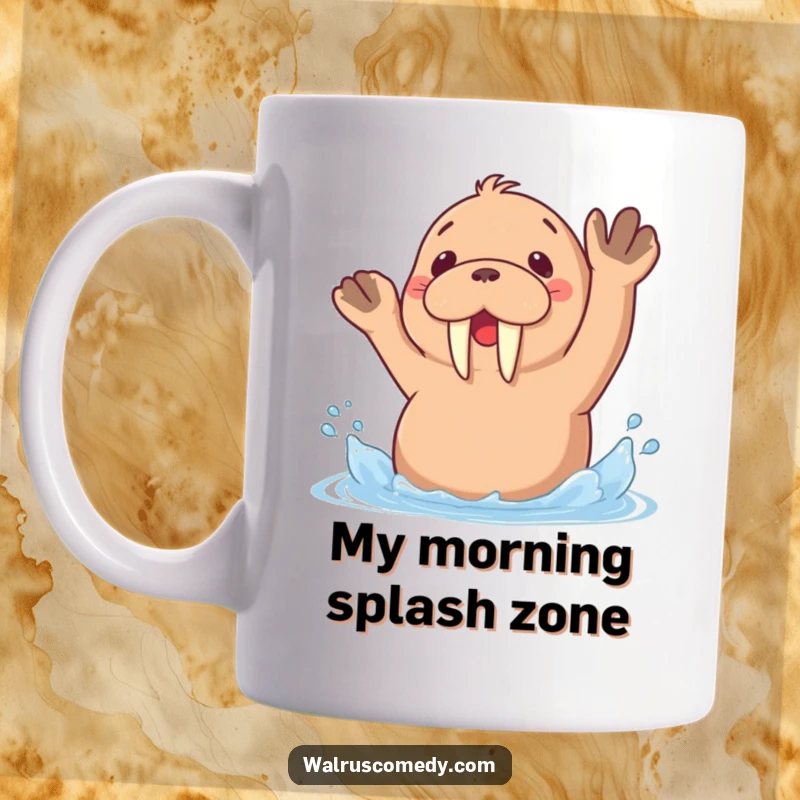 Funny mug with a kawaii walrus joyfully splashing water with its flippers, embodying playful and energetic fun.