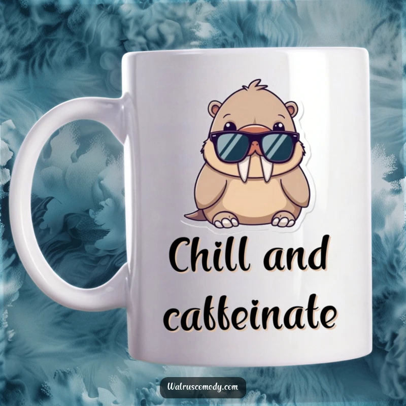 Funny mug featuring a kawaii walrus wearing sunglasses, looking incredibly cool and effortlessly relaxed.