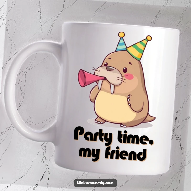 Funny cute walrus wearing a party hat and blowing a party horn on a ceramic mug, a celebratory funny gift.