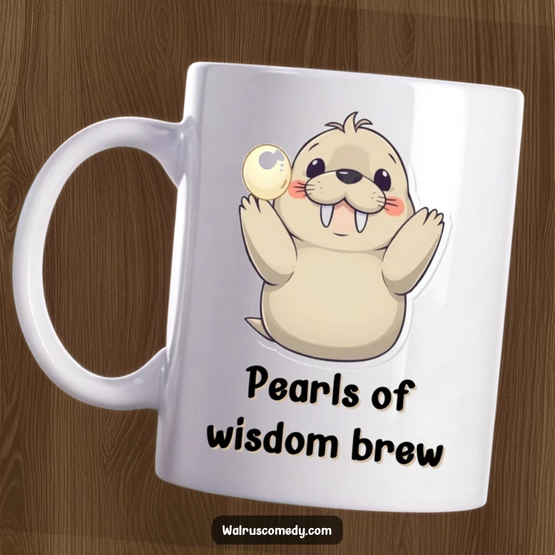 Funny mug with a cheerful walrus proudly holding a glowing pearl, radiating happiness and a sense of accomplishment.