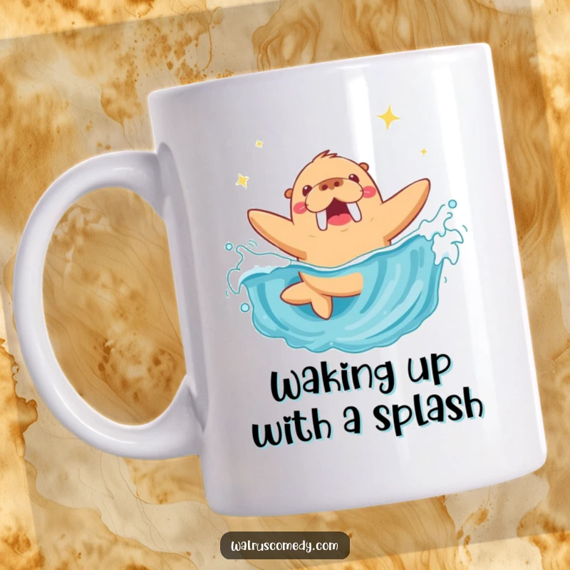 Funny Walrus Mug: A happy walrus character is depicted joyfully diving headfirst into a sparkling blue ocean wave.