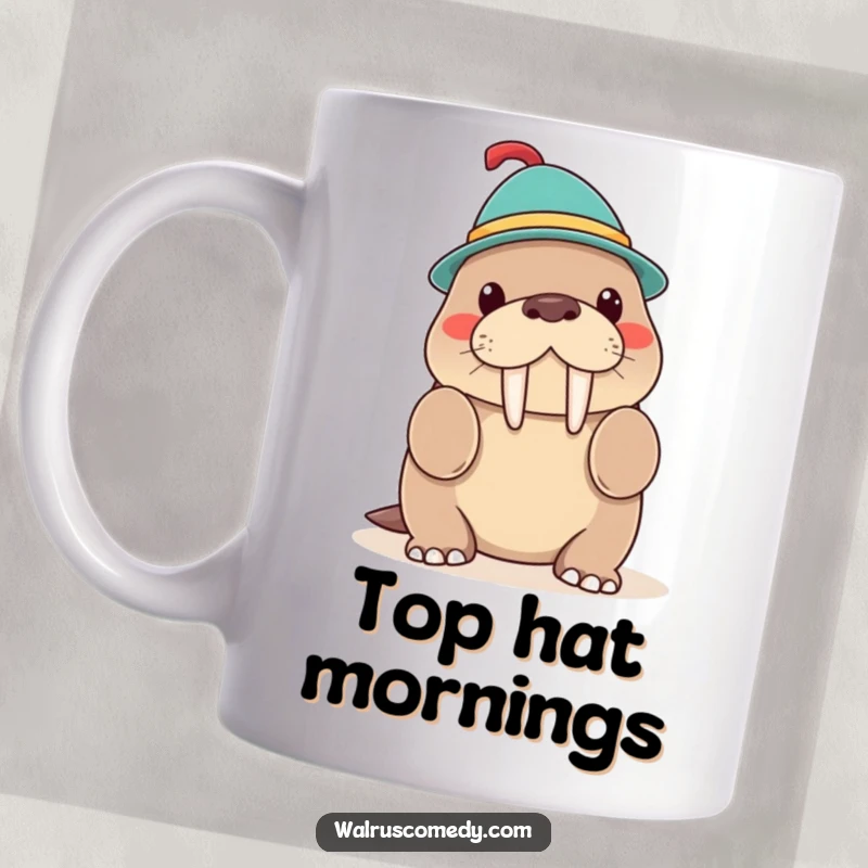 Funny Kawaii Walrus Hat Trick Mug, a smiling walrus balancing a hat on its tusk, whimsical and charming art.
