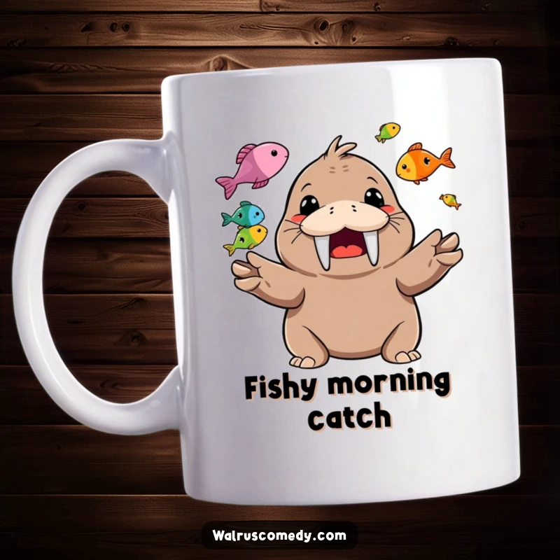 Funny Mug featuring a happy walrus character skillfully juggling several colorful fish with a wide grin.