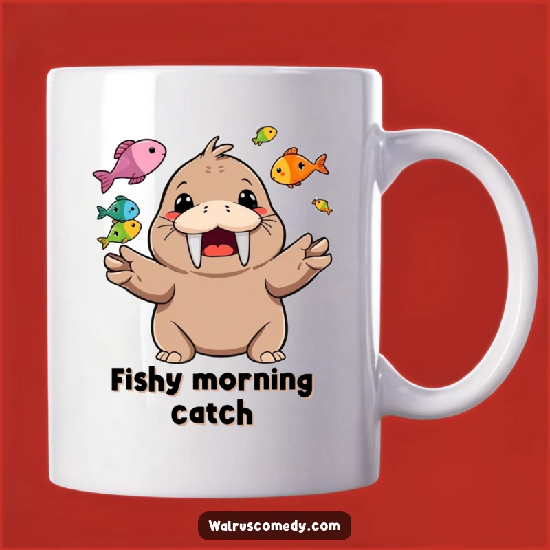 Funny Walrus Juggling Fish Mug: Happy Character Gift for Ocean Lovers