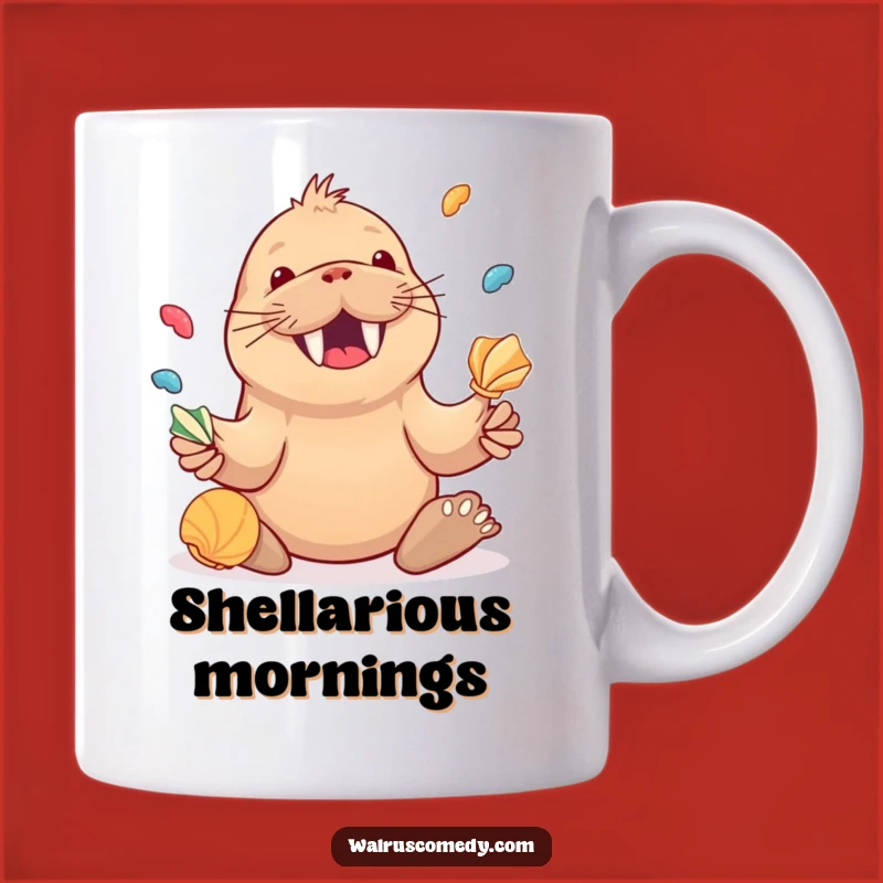 Funny Walrus Juggling Seashells Mug, Joyful Kawaii Art, Perfect Funny Gift