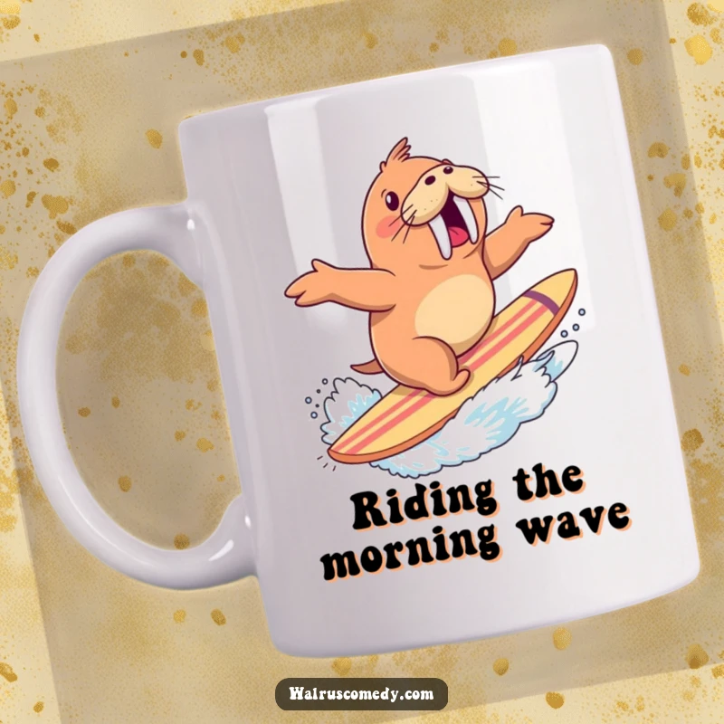 Funny mug featuring an excited walrus gleefully riding a giant surfboard, creating a dynamic splash as it glides through the water.