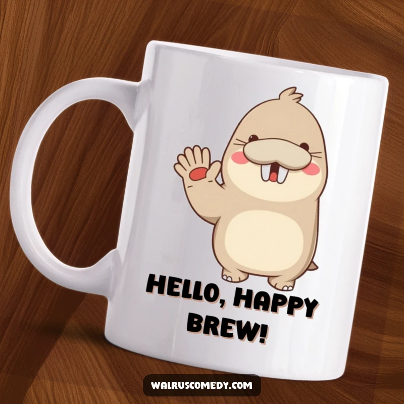 Funny mug featuring a kawaii walrus enthusiastically waving with a big smile, radiating warmth and joyful greetings.