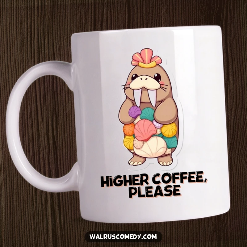 Funny walrus expertly balancing a tall stack of colorful seashells, a humorous sea creature feat of dexterity, perfect for beach lovers.