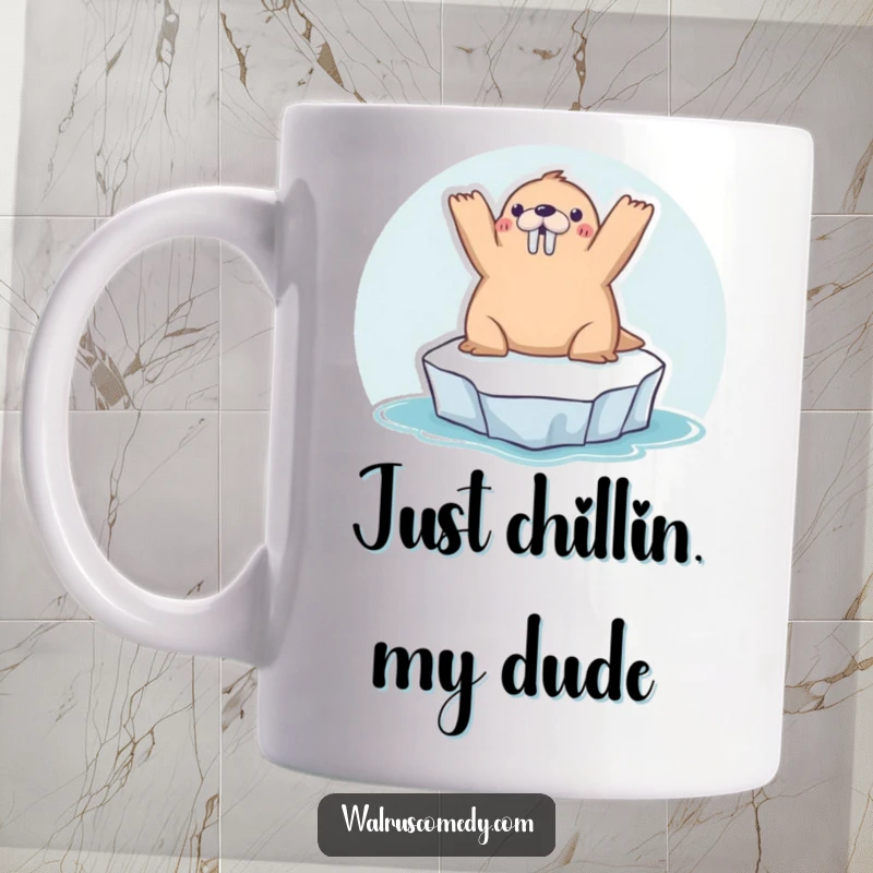 Funny kawaii walrus sunbathing on a tiny iceberg, arms raised in pure bliss, looking relaxed and happy on this cute mug.