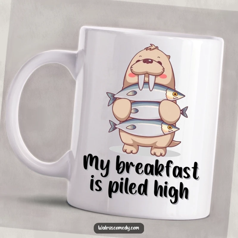 Funny Walrus Mug: A happy walrus character expertly balances a tall stack of delicious fish, looking proud and accomplished.