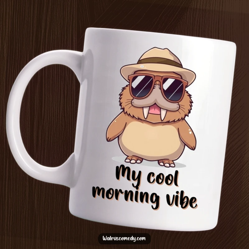 Funny Walrus Mug: A cool walrus character wears oversized sunglasses and a fashionable hat, looking very stylish.