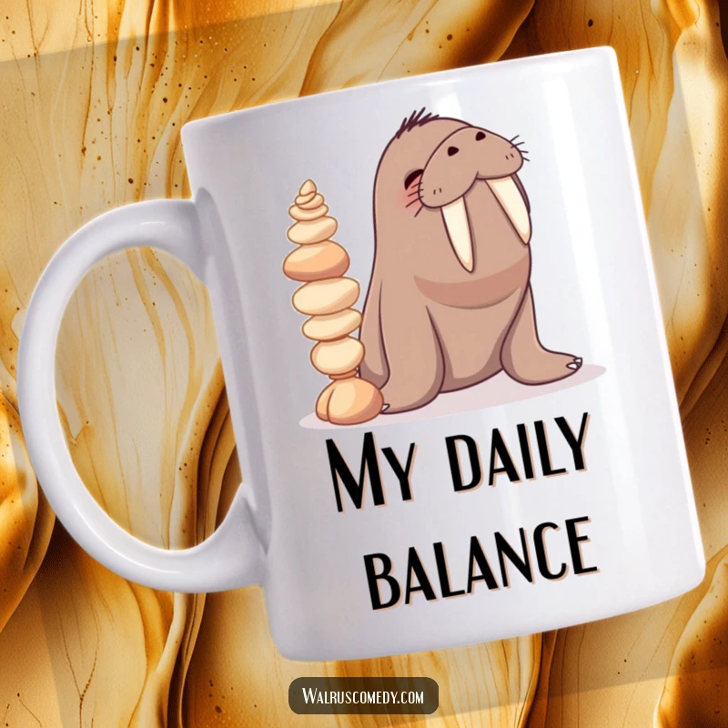 Funny mug with a giggling walrus character skillfully balancing a tall stack of colorful seashells on its impressive tusks.