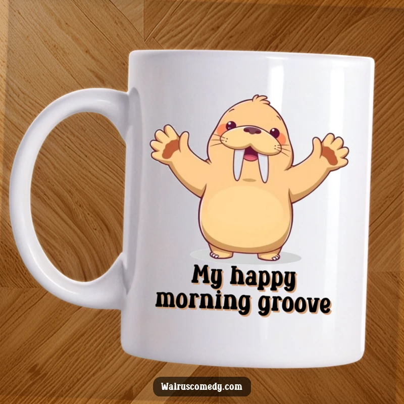 Funny Kawaii Walrus Mug: A happy walrus attempts a silly dance move, flippers up high, with a big grin, making it a funny and joyful gift.