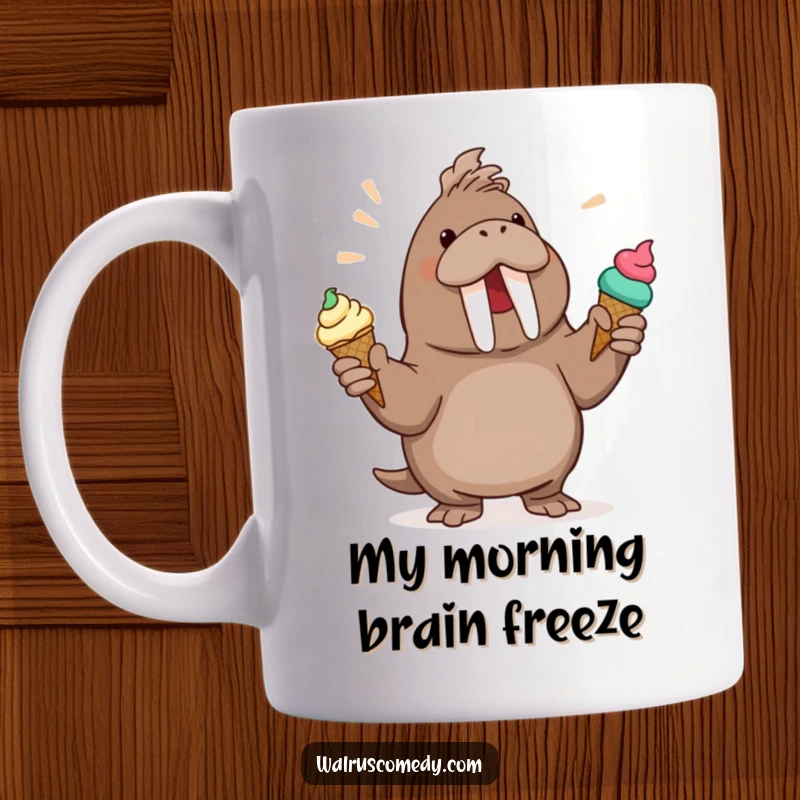 Funny Walrus Mug: A happy walrus character is shown enthusiastically juggling multiple ice cream cones, looking delighted.