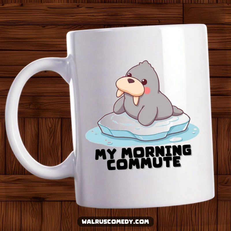 Funny mug featuring a happy walrus comically sliding on a slippery ice surface, capturing a moment of pure, joyful winter fun.