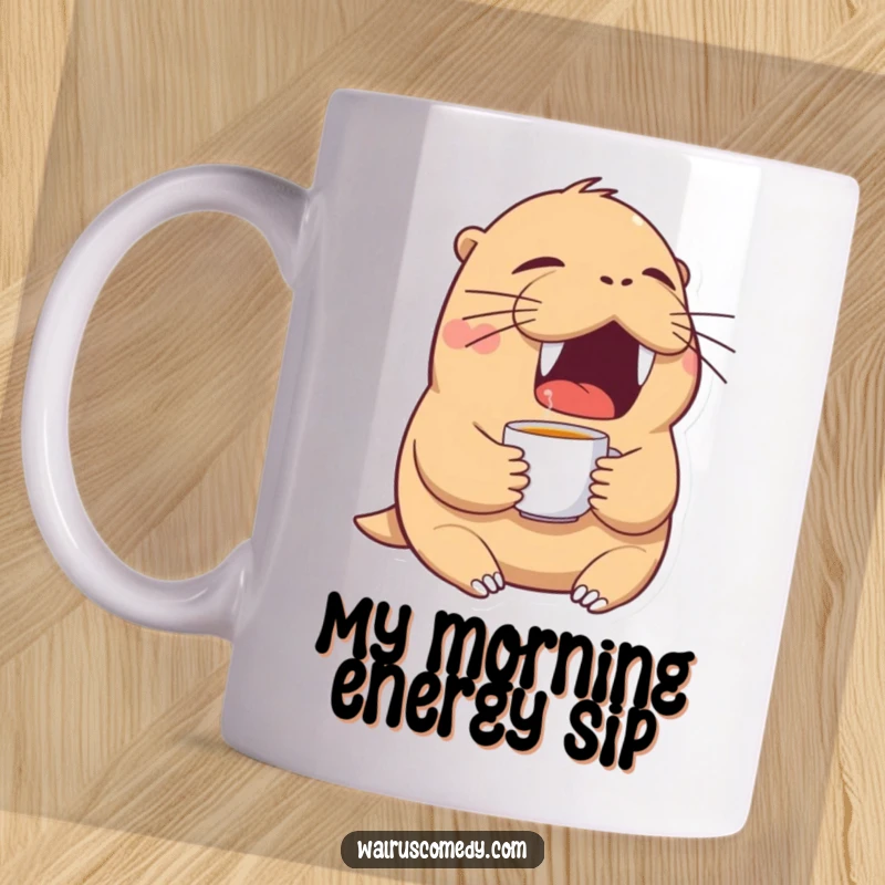Funny walrus mug of a tired walrus yawning widely while delicately holding a tiny teacup, illustrating extreme exhaustion.
