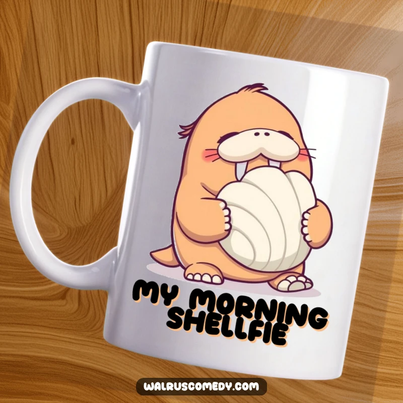 Funny Walrus Mug: A happy walrus character is giggling while holding an impressively large seashell.